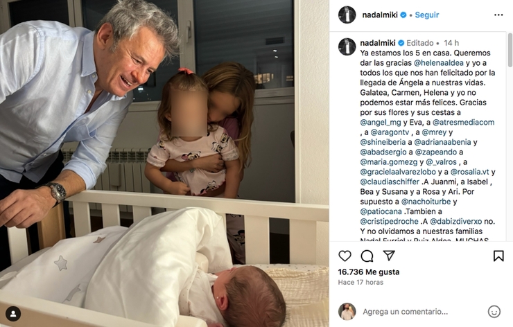 Miki Nadal celebra la llegada de Ángela, su tercera hija, en un emotivo encuentro familiar