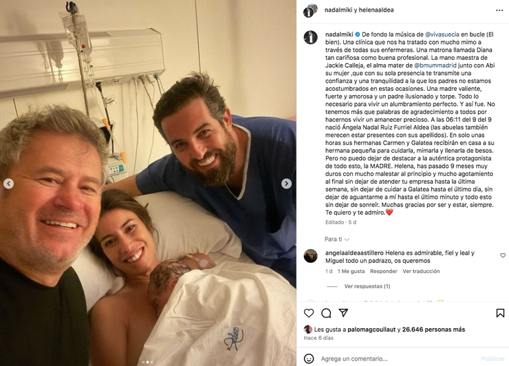 Miki Nadal celebra la llegada de Ángela, su tercera hija, en un emotivo encuentro familiar