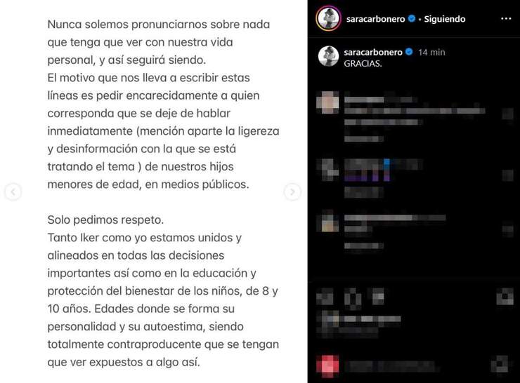 Sara Carbonero e Iker Casillas exigen respeto por la vida privada de sus hijos menores